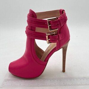 XYD Pink Women Peep Toe Ankle Bootie High Heels Buckled Double Straps Cutout